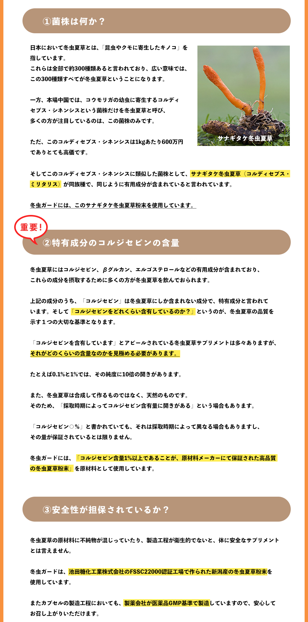 菌株は何か？ 特有成分のコルジセピンの含量 安全性が担保されているか？