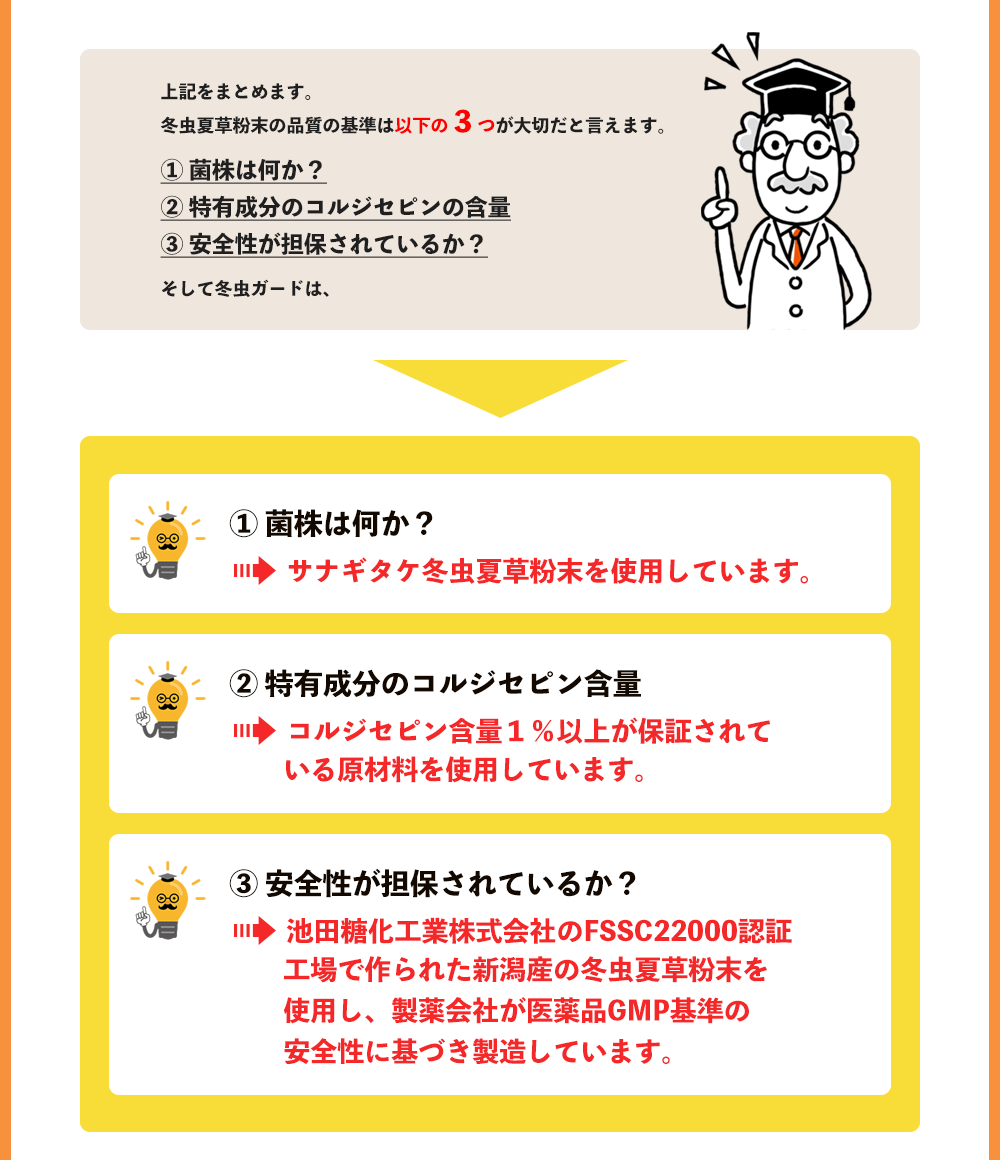 冬虫夏草粉末の品質の基準は以下の３つが大切だと言えます。