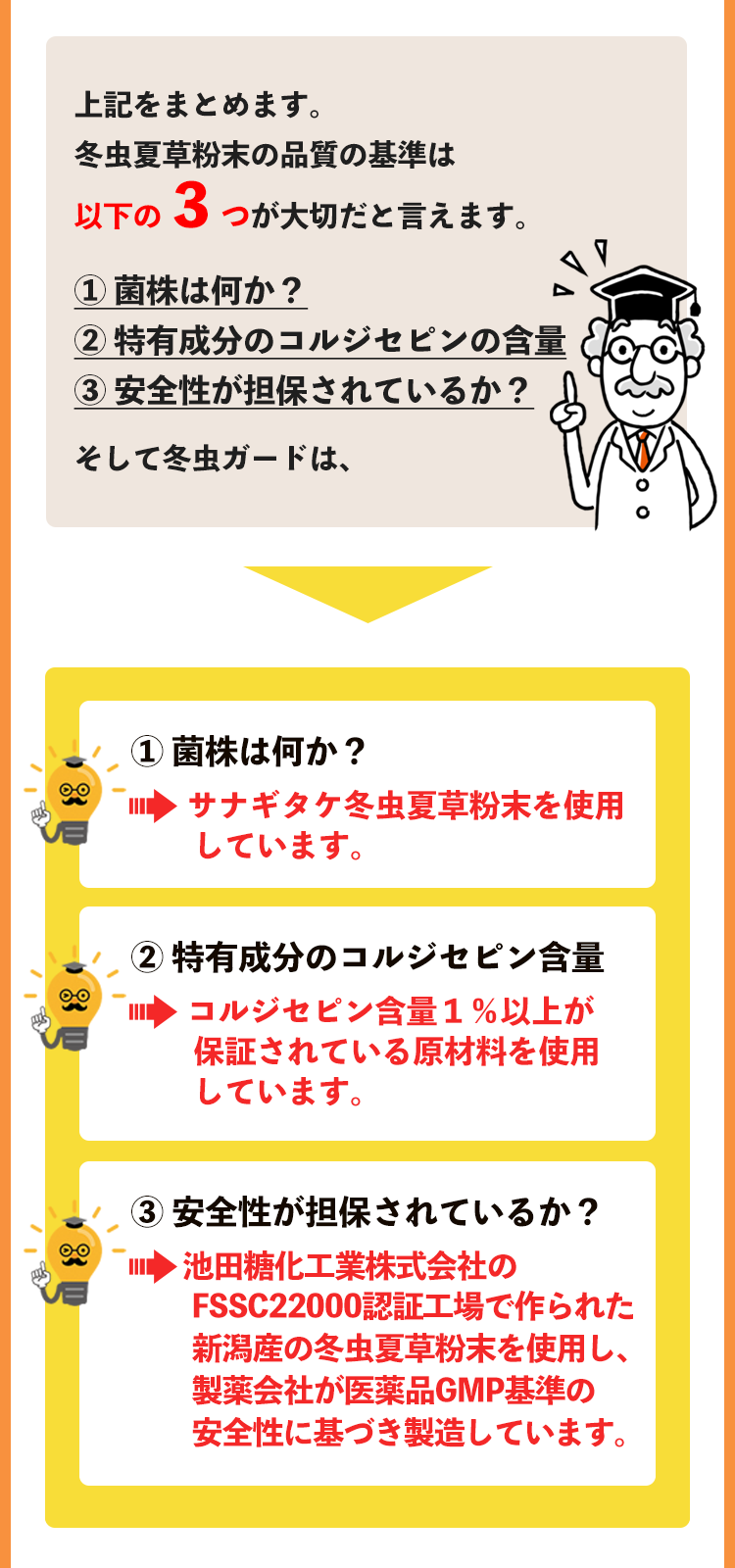 菌株は何か？ 特有成分のコルジセピンの含量 安全性が担保されているか？